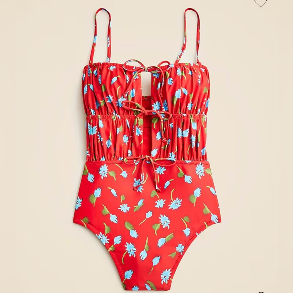 J. Crew Red Floral One-Piece Swimsuit with Ties 2 NWT
